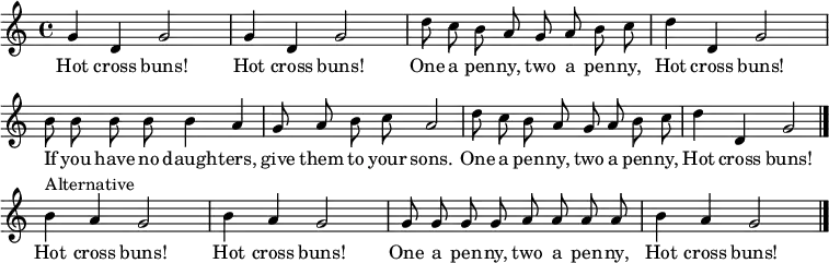 
\layout { \context { \Score \remove "Bar_number_engraver" } }
\relative c'' { \tempo 4 = 120 \time 4/4 \key c \major \autoBeamOff \set Score.tempoHideNote = ##t \set Staff.midiInstrument = #"clarinet"
g4 d g2 | g4 d g2 | d'8 c b a g a b c | d4 d, g2 | b8 b b b b4 a | g8 a b c a2 | d8 c b a g a b c | d4 d, g2 \bar "|."
b4^"Alternative" a g2 | b4 a g2 | g8 g g g a a a a | b4 a g2 \bar "|." }
\addlyrics { Hot cross buns! Hot cross buns! One a pen -- ny, two a pen -- ny, Hot cross buns! If you have no daugh -- ters, give them to your sons. One a pen -- ny, two a pen -- ny, Hot cross buns!
             Hot cross buns! Hot cross buns! One a pen -- ny, two a pen -- ny, Hot cross buns! }
