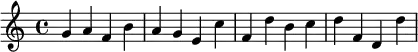 \relative c'' {
\key c \major
g a f b a g e c' f, d' b c d f, d d'
}