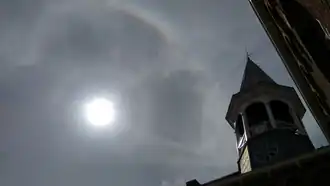 A circumscribed halo (outer ring) together with a comparatively rare 9° halo (inner ring), caused by pyramidal ice crystals. Midsland, the Netherlands, 2019.