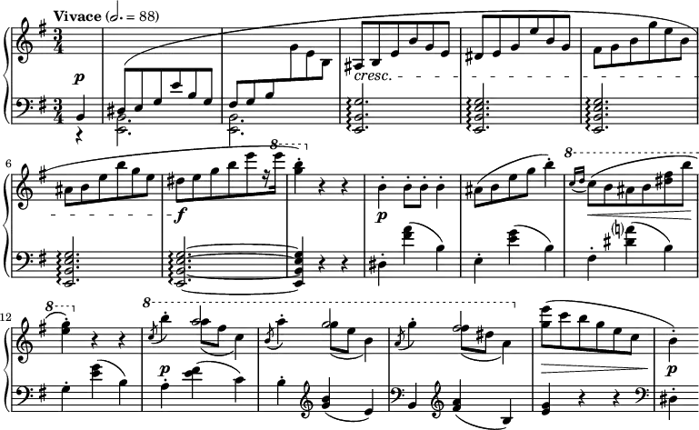 
\language english
\layout { \context { \PianoStaff \accidentalStyle piano-cautionary } }
\new PianoStaff
<<
  \new Staff = "top" \fixed c' {
    \key e \minor
    \change Staff = "bot" \voiceOne b,,4 |
    ds,8( e, g, e b, g, | fs, g, b, \change Staff = "top" \oneVoice g e b, | as, b, e b g e | ds e g e' b g |
    fs g b g' e' b | as b e' b' g' e' | ds'[ e' g' b' e'' r16 \ottava 1 e'''] |
    <g'' b''>4-.) \ottava 0 r r |
    b4-. 8-. 8-. 4-. | as8( b e' g' b'4-.) |
    \ottava 1 \grace { c''16( d'' } c''8)\( b' as' b' <ds'' fs''> b'' | <e'' g''>4-.\) \ottava 0 r r |
    \ottava 1
    \slashedGrace c''8( b''4-.) << a''2 \\ { 8( fs'' c''4) } >> |
    \slashedGrace b'8( a''4-.) << g''2 \\ { 8( e'' b'4) } >> |
    \slashedGrace a'8( g''4-.) << fs''2 \\ { 8( ds'' a'4) } >> |
    \ottava 0 <g' e''>8( c'' b' g' e' c' |
    b4-.)
  }
  \new Dynamics {
    \time 3/4
    \tempo "Vivace" 2. = 88
    \partial 4
    s4\p |
    s2.*2 | s2.*4\cresc | s2.*2\f |
    s2.*2\p | s2.\< | s2.\! | s2.*3\p | s2.\> | s4\p
  }
  \new Staff = "bot" {
    \clef bass
    \key e \minor
    r4 |
    \voiceTwo <e, b,>2. | q | \oneVoice <e, b, g>\arpeggio | \repeat unfold 3 { <e, b, e g>\arpeggio | }
    q~\arpeggio | 4 r r |
    ds-. <fs' a'>( b) | e-. <e' g'>( b) | fs-. <ds' a'>( b) | g-. <e' g'>( b) |
    a-. <e' fs'>( c') | b-. \clef treble <g' b'>( e') \clef bass | b, \clef treble <fs' a'>( b) | <e' g'> r r |
    \clef bass ds-.
  }
>>
