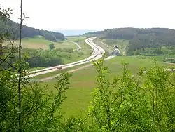 A&nbsp;71 crossing the Wipfratal, rightwards the Nuremberg–Erfurt high-speed railway and their gate to the Sandberg Tunnel