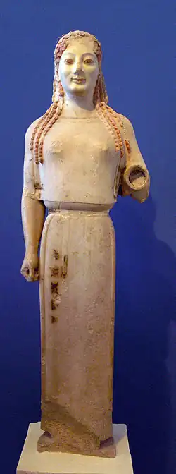 Polychrome on the Peplos Kore, c. 530 BC, Parian marble, Acropolis Museum