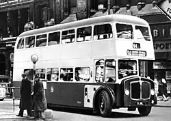 Second pre-serial AEC Bridgemaster, registration 9JML, chassis number MB3RA002, bodywork by Crossley with H41/31R layout,[6] in the service of the Birmingham Corporation.[7]