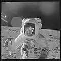 Lunar Module Pilot Alan Bean holding sample 12023, in the LESC.