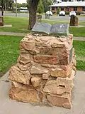 Stone cairn and bronze sculpture relating to Australian–Scottish poet Ogilvie, Bourke, NSW, Australia (2021).
