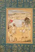 1630. A musician and singer kneel on the edge of a Mughal camp. A yogi and a servant listen to them. From the Minto Album. The instrument in a Seni rebab.
