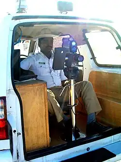 A Traffic Constable inside the Interceptor monitoring the traffic speed at Bangalore Airport Road.
