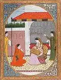 A pensive nayika with her sakhi by Sajnu of Mandi, Folio from a Rasikapriya series. Mandi, c. 1820. San Diego Museum of Art.