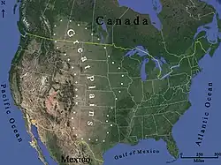 A satellite image illustrating the generalized distribution of the Great Plains. The exact boundaries may vary among contexts or disciplines (e.g. ecology, geology, geopolitical definitions).[1]