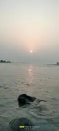 A serene sunrise over the Indus River near Hund village, with gentle waters flowing over smooth river stones, creating a picturesque morning landscape.