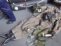 Naval air pilot's immersion suit, with NBC mask with full rubber hood so it can be used as a hazmat suit