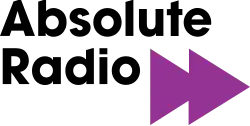 The words "Absolute and Radio" set on two lines in black, with a purple fast forward symbol of two overlapping triangles to the lower right