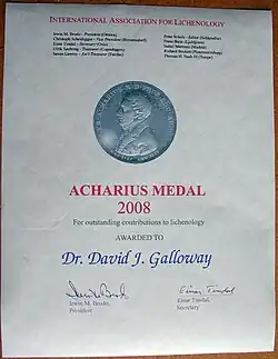 Image showing certificate that accompanies the Acharius Medal.