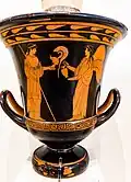 Athena (left) holding Helmet and spear with a winged Nike holding a oenochoe (wine jug); Athens, National Archaeological Museum 1717 (c. 475–425).[122]