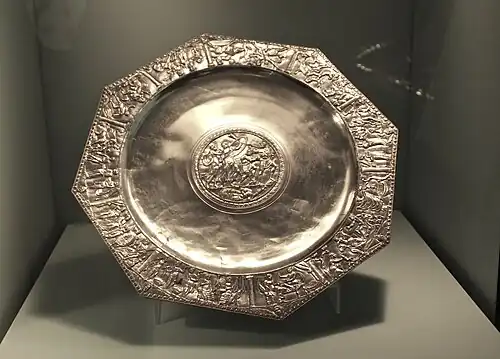 Roman medallion on a plate from the silver treasure of Augusta Raurica, mid 4th century, silver, Augusta Raurica Museum, near Augusta Raurica, Switzerland[6]