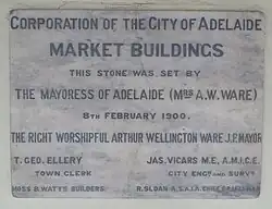 Foundation stone for the Adelaide Central Market Buildings set by Mayoress Rosa Ware and Mayor Arthur Ware on 8 February 1900. Currently located at the Grote Street entrance.
