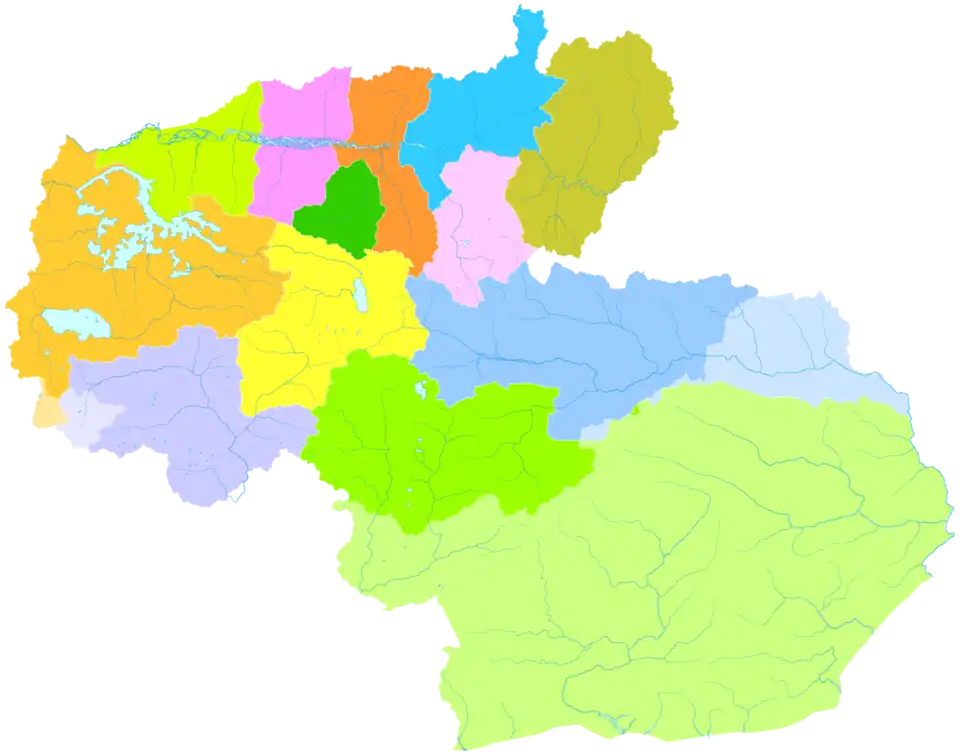 The location of Lhünzê County in Shannan City (dark blue and light blue in the middle; disputed area contained)