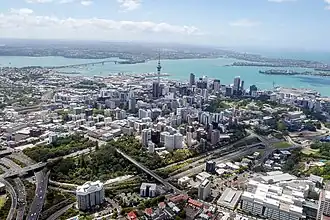 Image 13An aerial view of the Auckland urban area, showing its location on the Hauraki Gulf / Tīkapa Moana (from Geography of New Zealand)