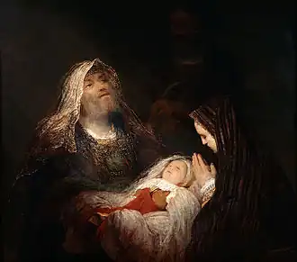 Image of an old man, Simeon, raising baby Jesus into the air in an act of praise
