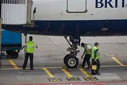 Chocks being fitted to a British Airways Airbus A321.