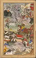 English: Hunting scene near Agra, June/July 1561. Illustration for 1. Akbar-nama, Victoria and Albert Museum, IS. 2:24-1896. Curved trumpet top right.