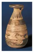 Alabastron, Etruscan Corinthian ceramic, running dogs, tomb 27 Poggio Sommavilla necropolis, archivio SBALazio Etruria Meridionale.