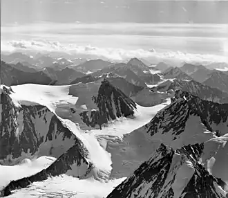 Finland Peak centered, Sweden Peak right, Denmark Peak lower right. Aerial view from west.