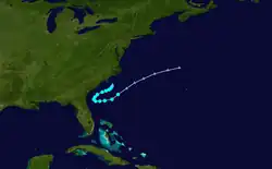 Track of an early season tropical storm off the southeastern United States coastline