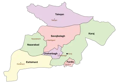 Location of Fardis County in Alborz province (bottom,&nbsp;pink)