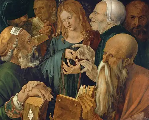 Christ Among the Doctors, 1506, oil on poplar, 64.3&nbsp;×&nbsp;80.3&nbsp;cm, Thyssen-Bornemisza Museum, Madrid (134&nbsp;(1934.38)