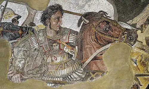 Image 10 Alexander the Great Mosaic: Unknown Alexander the Great (356–323 BC), the King of Macedonia, as depicted in a detail from the Alexander Mosaic. Originally from the House of the Faun in Pompeii and dated to c. 100 BC, the mosaic depicts a battle between the armies of Alexander the Great and Darius III of Persia. It is believed to be a copy of an early 3rd century BC Hellenistic painting, probably by Philoxenos of Eretria. The whole mosaic measures 2.72 × 5.13 m (8&nbsp;ft 11&nbsp;in × 16&nbsp;ft 9&nbsp;in). More featured pictures