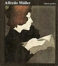 Cover page of Alfredo Müller. Opera grafica. Livorno 1982, featuring "La Liseuse" 1899, etching 35,5 x 31,5&nbsp;cm created for "Cocorico"