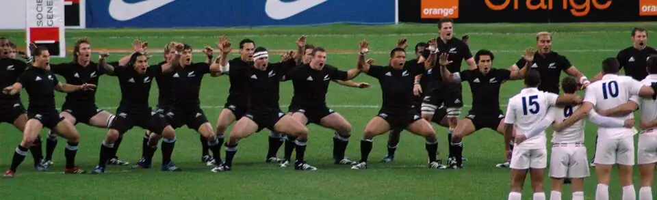 The New Zealand team lined up, with their arms raised to their side and palms facing down, mouths open in full voice, and eyes looking directly at their opponents opposite. The New Zealanders are wearing black shorts and socks, while squatting with knees bent and backs straight.