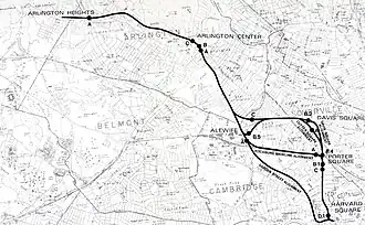 Map showing potential subway alignments between Harvard Square and Arlington Heights. All four alignments follow the Lexington Branch from Arlington Heights to East Arlington. The Garden Street Alignment runs southeast through Alewife and under Garden Street and approaches Harvard Square from the west. The Fitchburg Mainline Alignment splits from that route near Alewife, follows the Fitchburg Line east to Porter Square, then Massachusetts Avenue to Harvard Square. The Davis Square Alignment follows the Fitchburg Cutoff east to Davis Square, then turns south to reach Porter Square and follow Massachusetts Avenue. The Cutter Square Alignment follows the Davis Square Alignment except for curving south earlier to run southwest of Davis Square. Station sites are marked at Arlington Heights, Arlington Center, Alewife, Davis Square, Cutter Square, Porter Square, and Harvard Square.