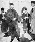 Americans wearing jobbeh va kolah (traditional Persian clothes) at the opening of the Majles, January 29, 1924. Mr. McCaskey, Dr. Arthur Millspaugh, and Colonel MacCormack are seen in the photo.