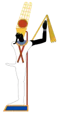 Amun-Ra (himself a combination of Amun and Ra) was occasionally equated with Min to form a God called Amun-Ra-Kamutef, who was depicted similar to Min but had a sun disk on his headdress.