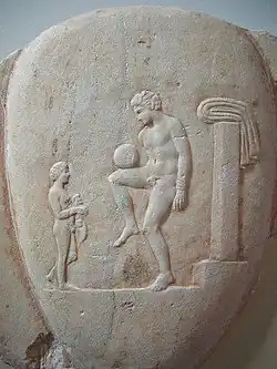 Ancient Greek athlete balancing a ball on his thigh, Piraeus, 400–375&nbsp;BC