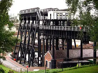 View of the restored boat lift from canal level