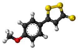 Ball-and-stick model of the anethole trithione molecule