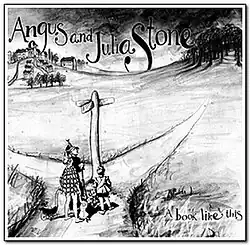 A charcoal drawing of two people stood at a crossroads with a village and a dark forest on either end.