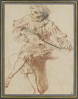 Watteau, Study of a Seated Guitarist, c. 1716, red and black chalk; Louvre, Paris