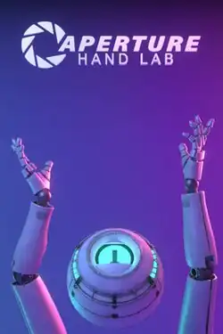 A metal ball-shaped personality core and two metal hands with Aperture Hand Lab written in the upper half of the image