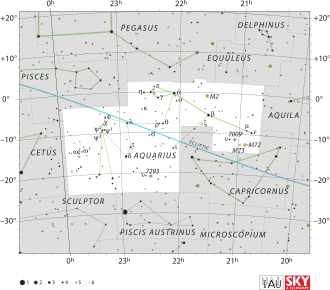 Diagram showing star positions and boundaries of the Aquarius constellation and its surroundings