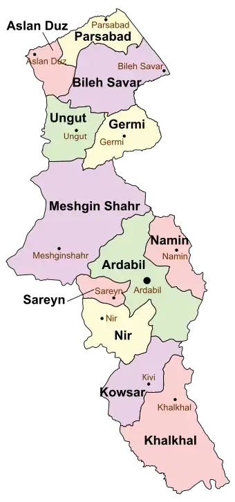 Location of Nir County in&nbsp;Ardabil&nbsp;province (bottom, yellow)