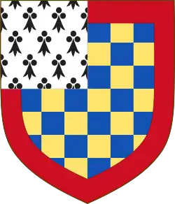 Coat of arms from 1213 onwards (Checky or and azure within a bordure gules, a canton ermine).