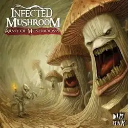 A drawing of very tall white mushrooms with angry faces facing down a knight wielding a torch.