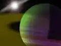Artist's interpretation of AU Microscopii b, with the star in the back. It is a green striped gas planet with yellow rings.