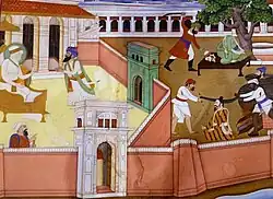 Aurangzeb sitting on his throne, receiving the news of the martyrdom of Guru Tegh Bahadur and the Guru's companions, Bhai Mati Das and Bhai Dayala Das at Delhi's Chandi Chowk