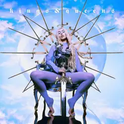 Max is sitting on a throne in front of a cloudy background while holding a metallic sword pointed on the ground. Her song's title is positioned above her.