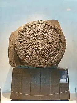 Aztec calendar stone; 1502–1521; basalt; diameter: 3.58&nbsp;m (11.7&nbsp;ft); thick: 98&nbsp;cm (39&nbsp;in); discovered on 17 December 1790 during repairs on the Mexico City Cathedral; National Museum of Anthropology (Mexico City)